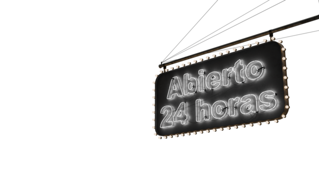 Cartel abierto 24 horas neón blanco alfa.