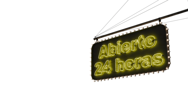 Cartel abierto 24 horas neón amarillo alfa.