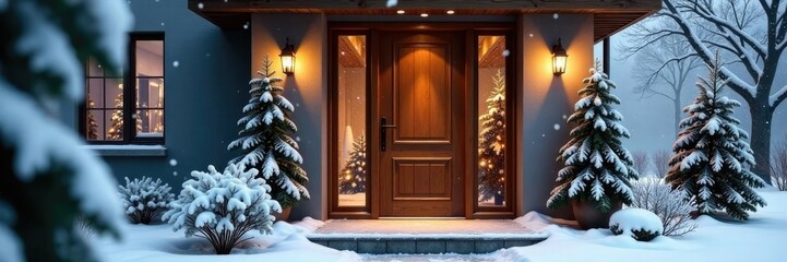 Obraz premium Snow-covered modern wooden front door with icicles, decoration, cold weather