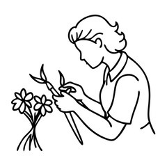 Woman Arranging Flowers Line Art Illustration for Craft and Design Projects