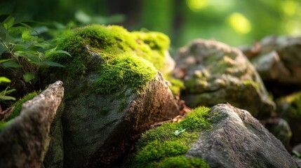 Obraz premium Close-up of Vibrant Moss Growing Between Forest Rocks with Dappled Sunlight, Symbolizing Natural Healing and Earthy Textures