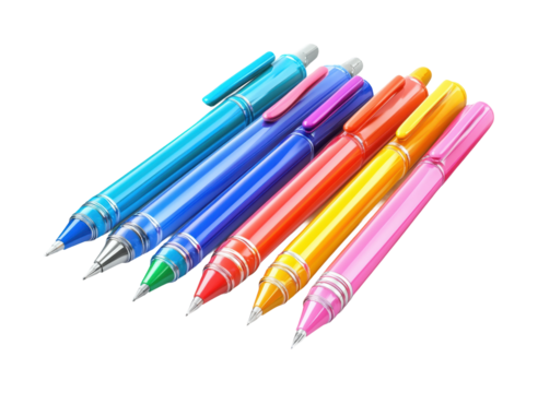 Colorful pens on office desk aerial view of creativity isolated on transparent background, png