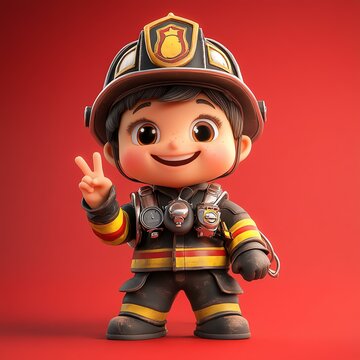 Cheerful cartoon firefighter kid with peace sign.