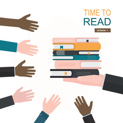 Reading time concept. Time to study, learning. Businessman or teacher hand give stack of various books with watch. Various multiethnic hands want catch textbooks and read.