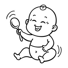 Happy Baby Holding Spoon Vector Illustration for Coloring Books and Baby Products