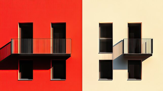 A striking architectural depiction of building facades and balconies shown