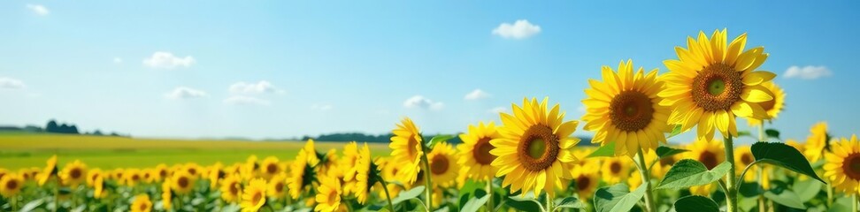 Obraz premium Sunflowers sway gently in the breeze under clear blue skies, sunflowers, flowers, field