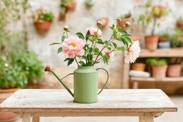 Pink peonies in a vintage watering can on a rustic wooden table in a charming garden setting with potted plants