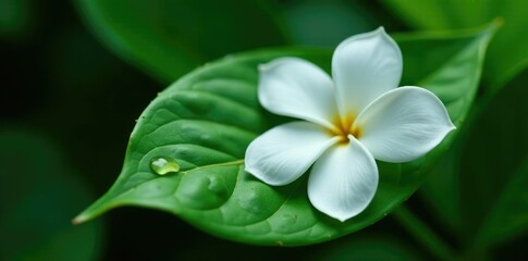 Fototapeta premium Water droplets on a green leaf of a gardenia plant, leaf, wet