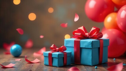 Celebration presents with festive ribbons and scattered confetti on a wooden surface, surrounded by a bokeh of warm lights and colorful balloons.