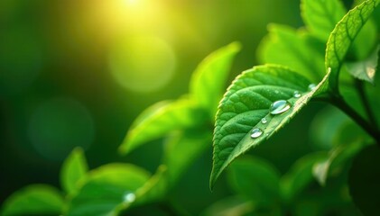 Water droplets on leaves glistening in sunlight, subtle, sparkle, fresh