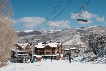 Beaver Creek Ski Day in Rocky Mountains. Arrowhead base area. 