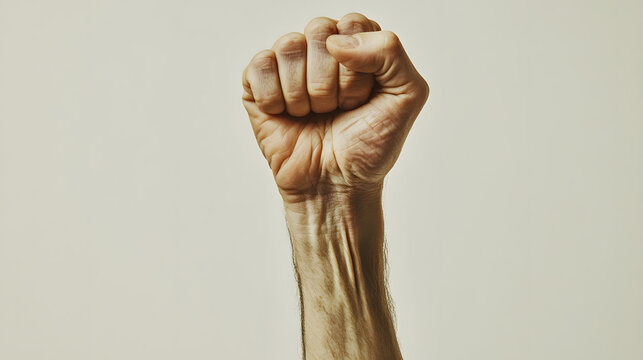 Close-up of a clenched fist, showcasing the detailed texture and prominent veins of a man's hand against a neutral background.  A symbol of strength and power.