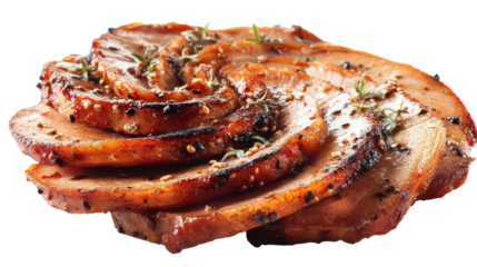 Delicious grilled meat layered and garnished with herbs. transparent background