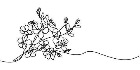 Continuous one line drawing of cherry blossom. Simple flower blossom line art vector illustration, Hand drawn cherry blossom. Sakura branch with flower one continuous line art. Blooming Apple tree pro © line drawing