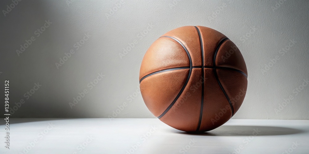 Poster a single brown leather basketball rests on a pristine white surface against a muted grey backdrop, i