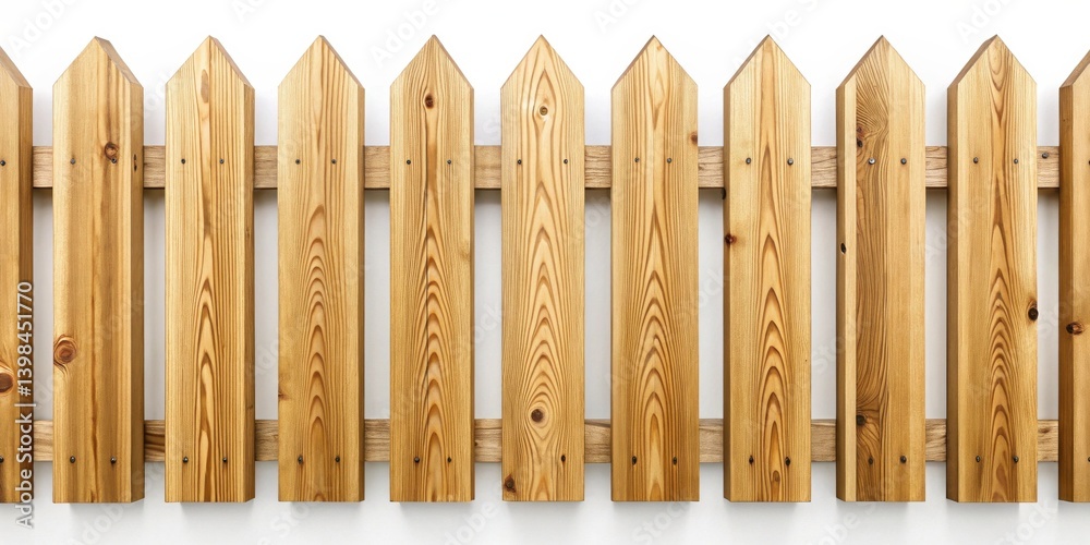 Poster a detailed close-up view of a newly constructed light brown wooden fence with pointed tops and visib
