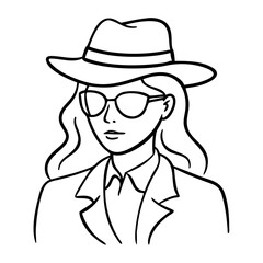 Woman in Sunglasses and Hat Vector Portrait Line Art for Posters or Coloring Books