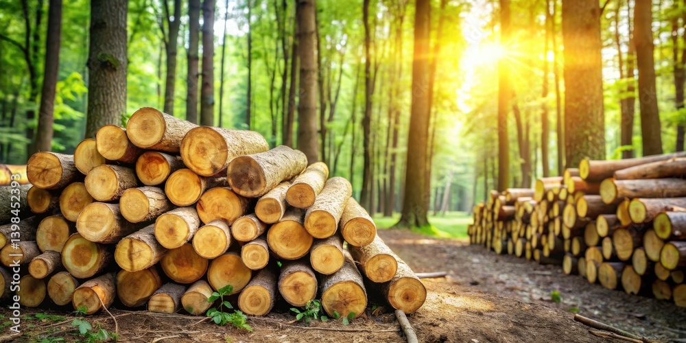 Aufkleber Sunlit Forest Path with Stacks of Cut Logs