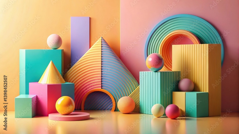 Poster vibrant pastel geometric shapes and spheres create a colorful abstract composition, perfect for mode