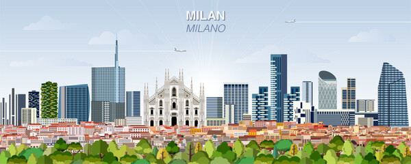 Fototapeta premium Milan city skyline on gradient beautiful day sky background. Vector illustration