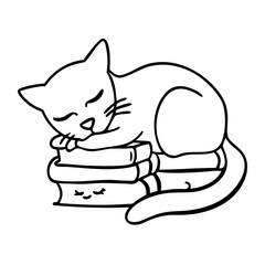 Naklejka premium Sleeping Cat Resting on Books Cute Vector Illustration for Coloring and Design