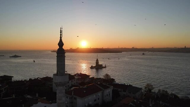  Starling Birds Group Dance in the Uskudar Valide Sultan Mosque Drone Video, Uskudar Istanbul, Turkiye (Turkey)