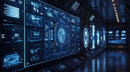 Interior view of a futuristic command center with digital displays
