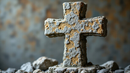 Rusty metal cross surrounded by rocks with an aged texture.