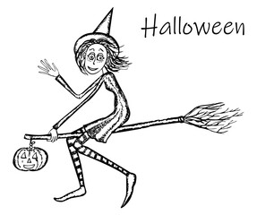 Young witch with Halloween pumpkin flying on broom, outline vector hand drawn illustration, greeting card
