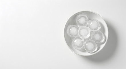 Minimalist Flat Lay of Ice Cubes in a White Bowl on White Surface