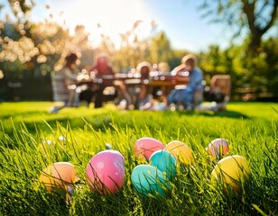 Colorful Easter eggs on a green meadow in the foreground, with a blurred family sitting at a garden table in the background on a sunny spring day.