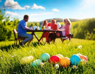 Colorful Easter eggs on a green meadow in the foreground, with a blurred family sitting at a garden table in the background on a sunny spring day.