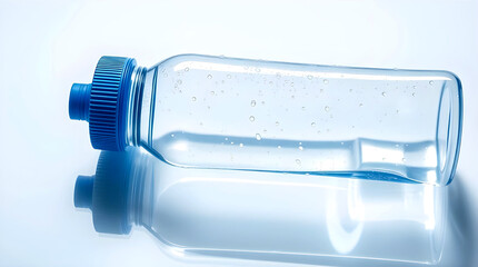 A clear water bottle rests gently on a surface, its blue cap gleaming, reflecting the purity and refreshment it promises in soft, bright light.