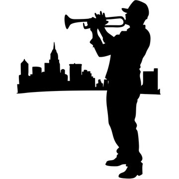 recommend clip art: Silhouette Jazz Trumpet Player with City Skyline Vector Art for Music Posters