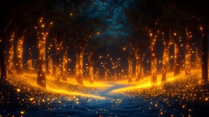 A magical forest lit with golden glowing lights at night