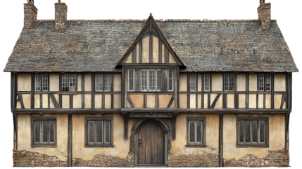 an old half timbered house with a wooden door on a transparent background, PNG image, PNG file, Generative art.