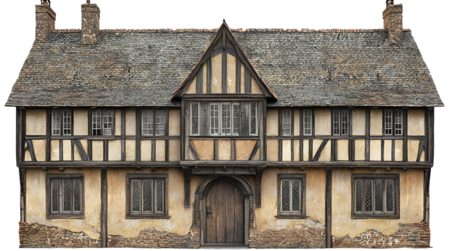 an old half timbered house with a wooden door on a transparent background, PNG image, PNG file, Generative art.