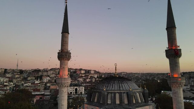  Starling Birds Group Dance in the Uskudar Valide Sultan Mosque Drone Video, Uskudar Istanbul, Turkiye (Turkey)