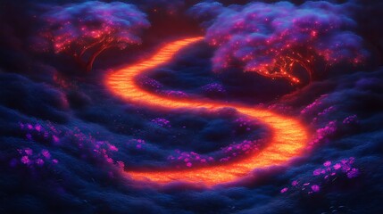 A glowing winding path leads between luminous trees at night