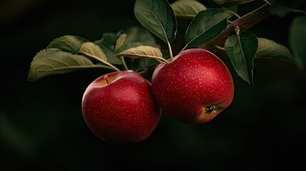 Two ripe red apples hanging from a tree branch with leaves