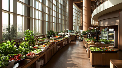 Sunlight Filled Modern Restaurant Buffet With Fresh Produce