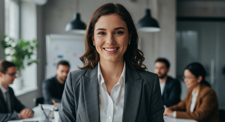 Fototapeta premium A confident young businesswoman smiling warmly amidst her team during a productive meeting, showcasing professional attire and a bright office setting.