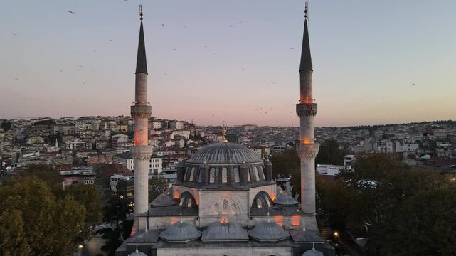  Starling Birds Group Dance in the Uskudar Valide Sultan Mosque Drone Video, Uskudar Istanbul, Turkiye (Turkey)