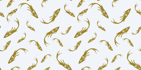 Seamless pattern of silhouettes drawn small golden fishes, vector background, paper, fabric, wallpaper, textile