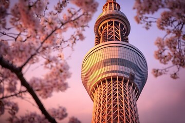 Skytree Tower in Blossom Season: The iconic observation tower gracefully rises against a romantic sky adorned with delicate cherry blossoms, the symbol of beauty and ephemeral nature.