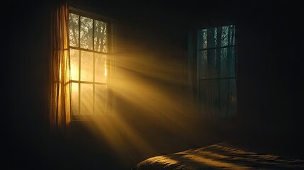 Golden sunlight dramatically streams through the windows into the room