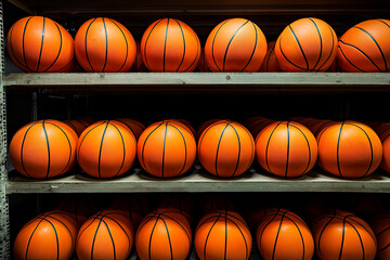 Obraz premium orange basketballs are arranged in a storage, practice or recreation sports concept