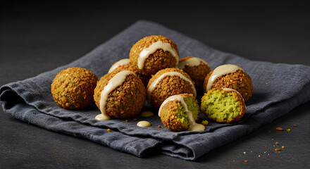 Delicious Crispy Falafel Balls With Tahini Drizzle On A Napkin Ready To Eat