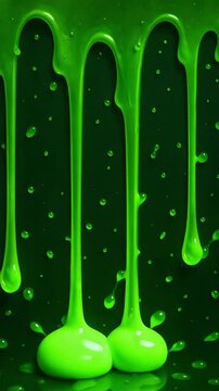 Glossy green slime dripping down on a dark background with gooey liquid texture and droplets